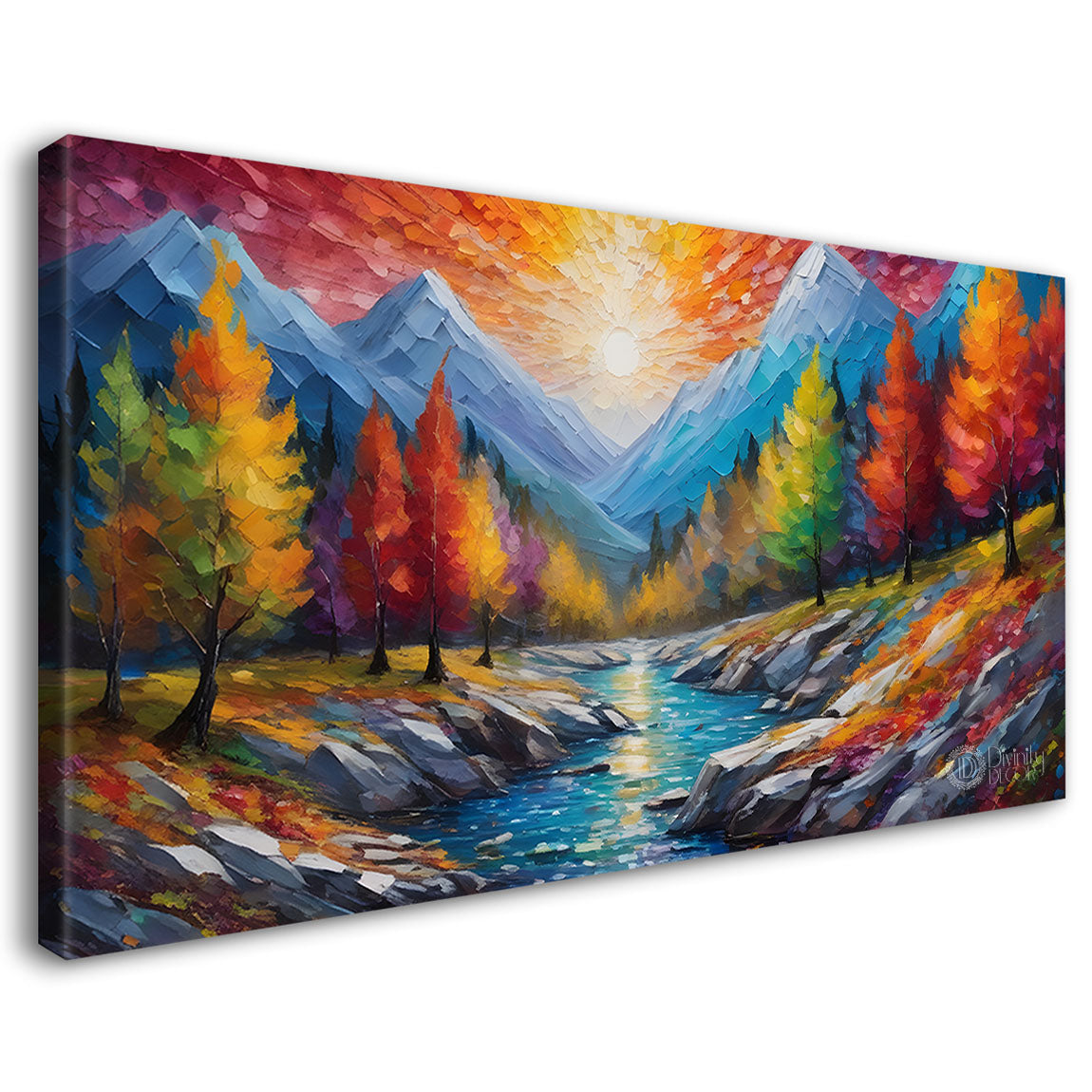 Mountains with colorful trees and lake painting Canvas Painting - Nature Art -696