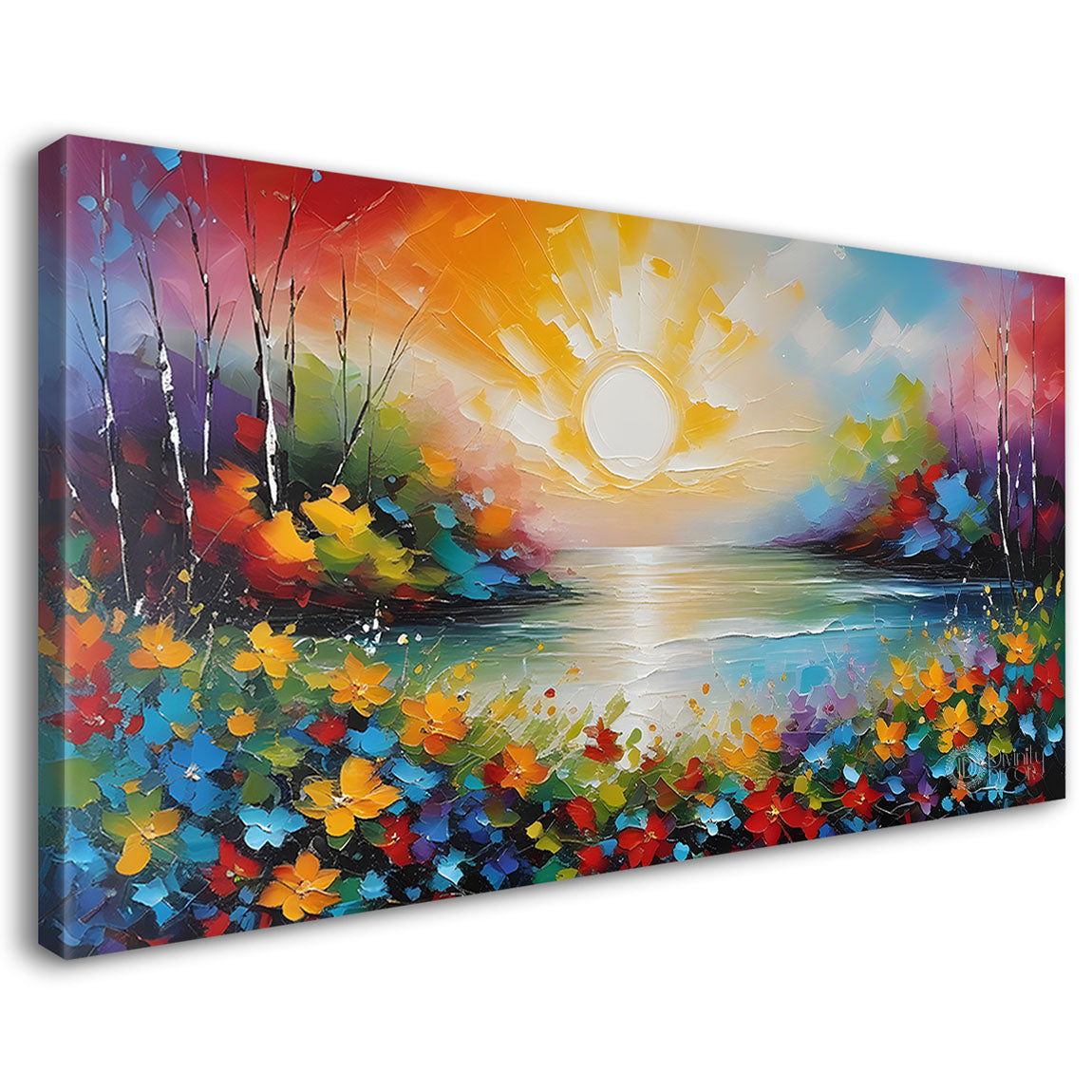 Colorful flowers with lake textured painting Canvas Painting - Nature Art -697