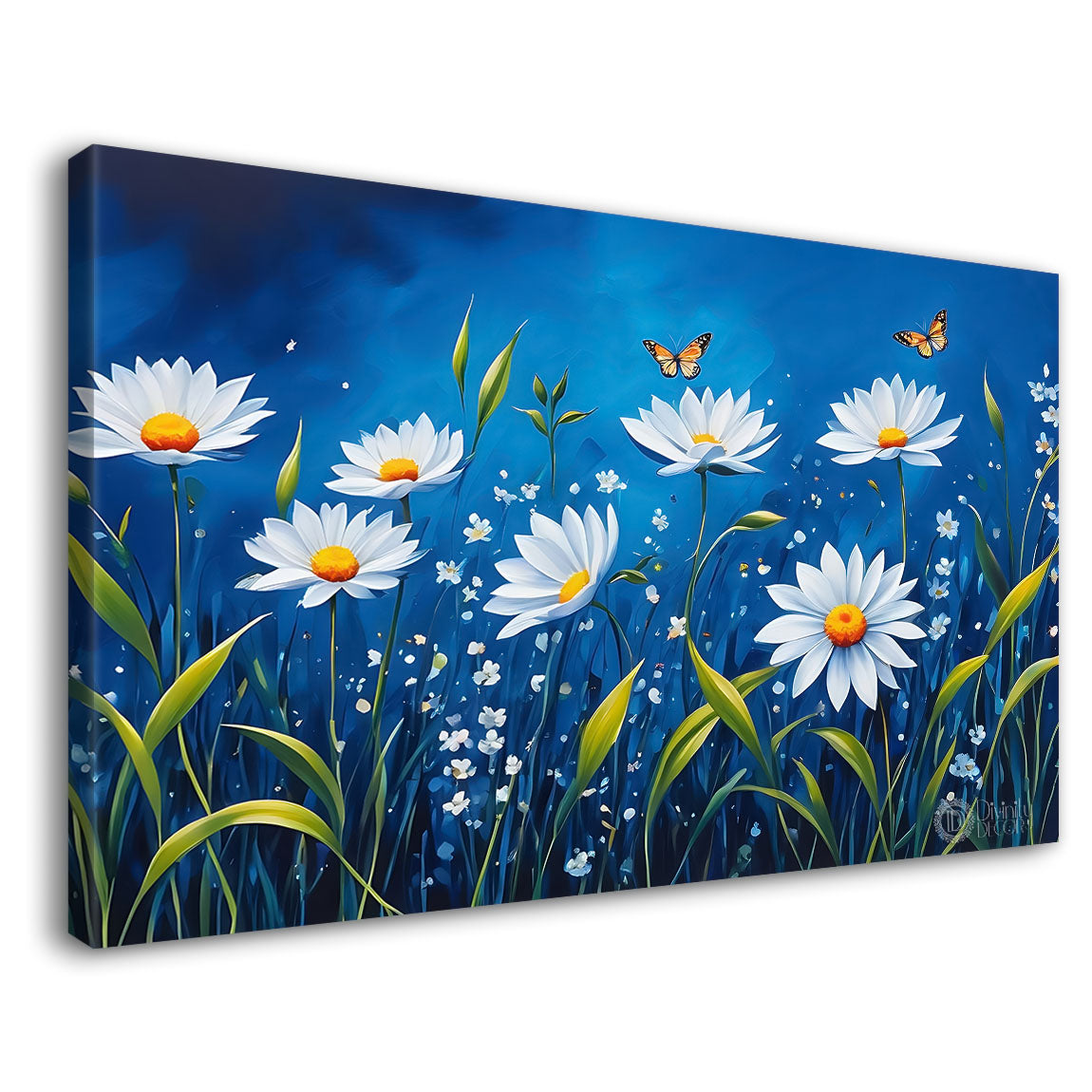 White flowers in navy blue background canvas painting- Flower-698