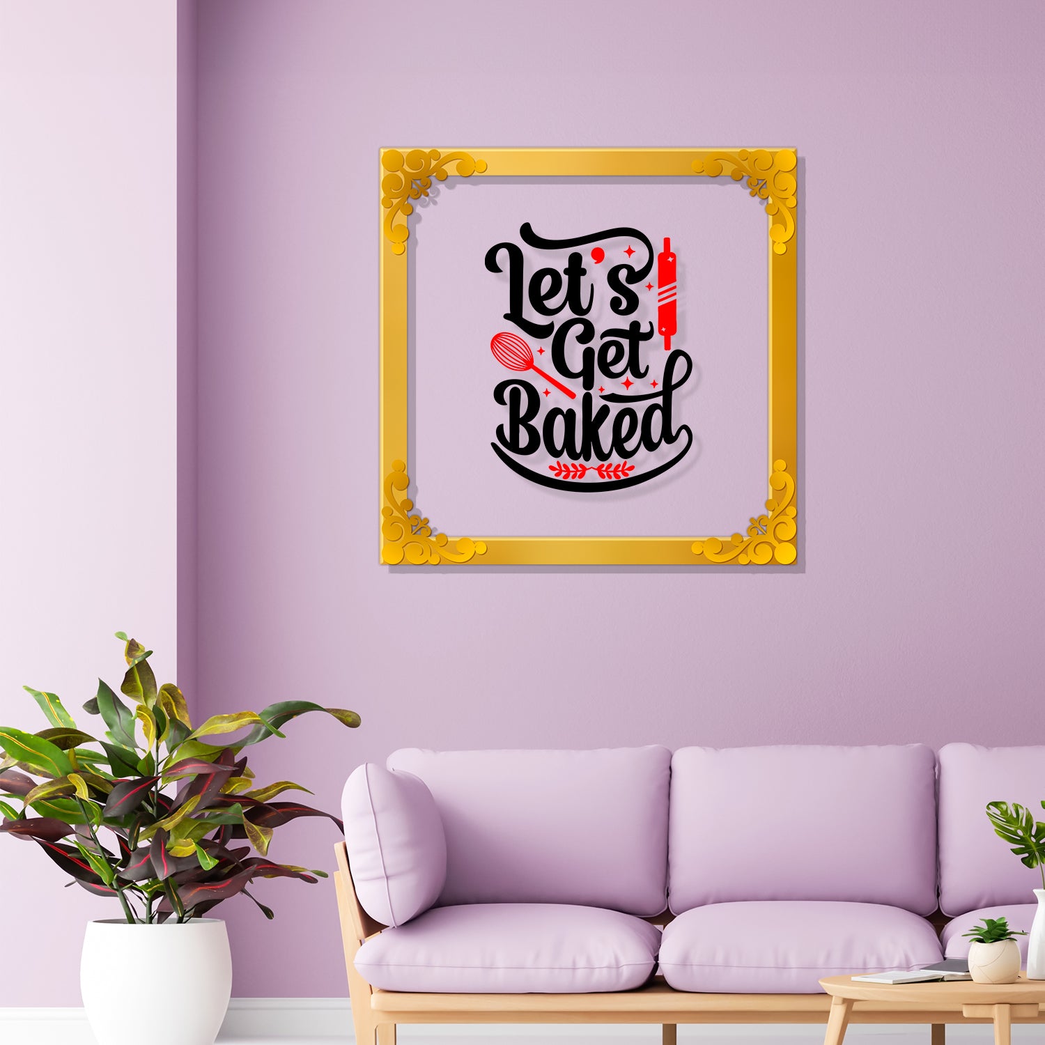 Let's get baked Golden Plaque for Gifting, Wall Decor Clear UV print with Golden Border-69