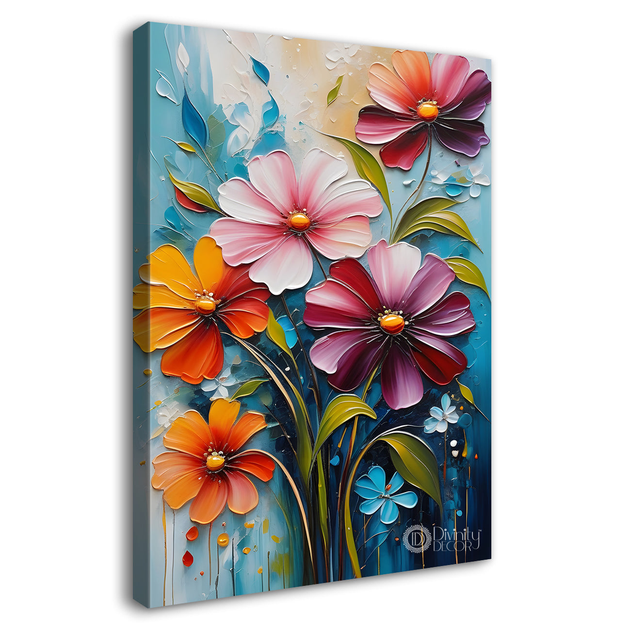 Orange and purple flowers in blue textured background painting - Flower-V-69