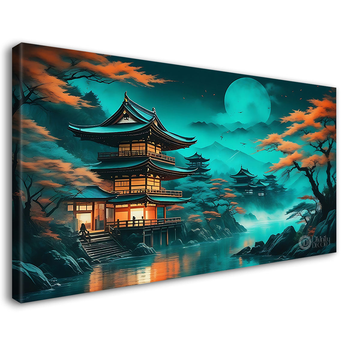 Mountains with orange trees in aqua green background in textured natural art Canvas Painting - Nature Art -69