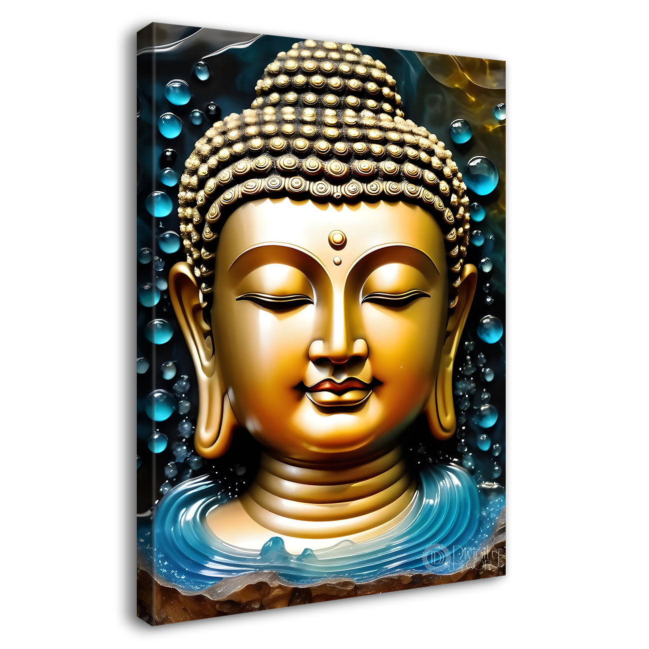 Golden buddha face with blue background painting - Buddha-V-69