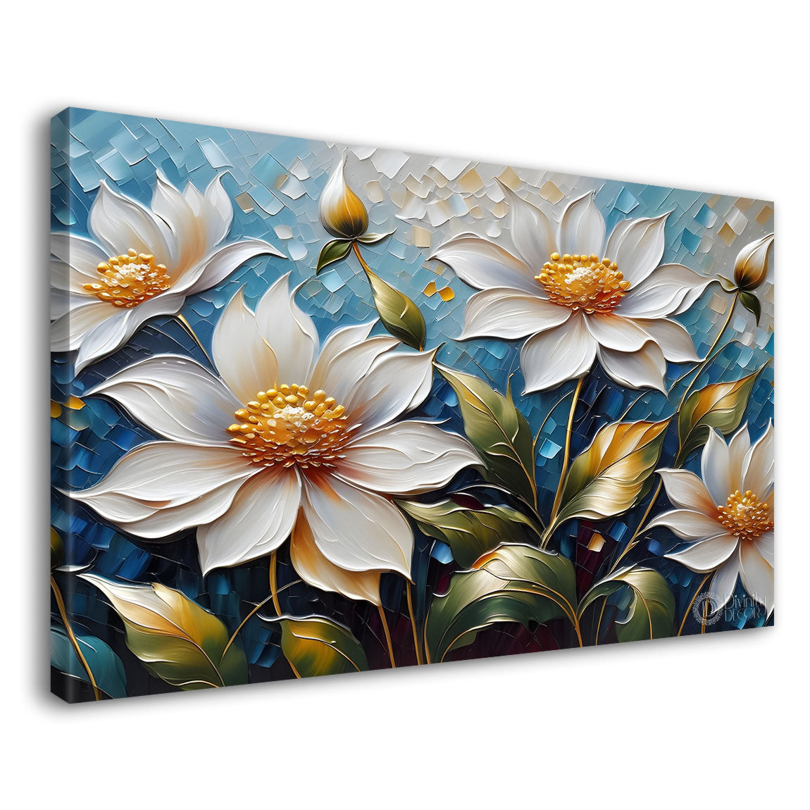 White flowers with blue textured background painting- Design - Flower-69