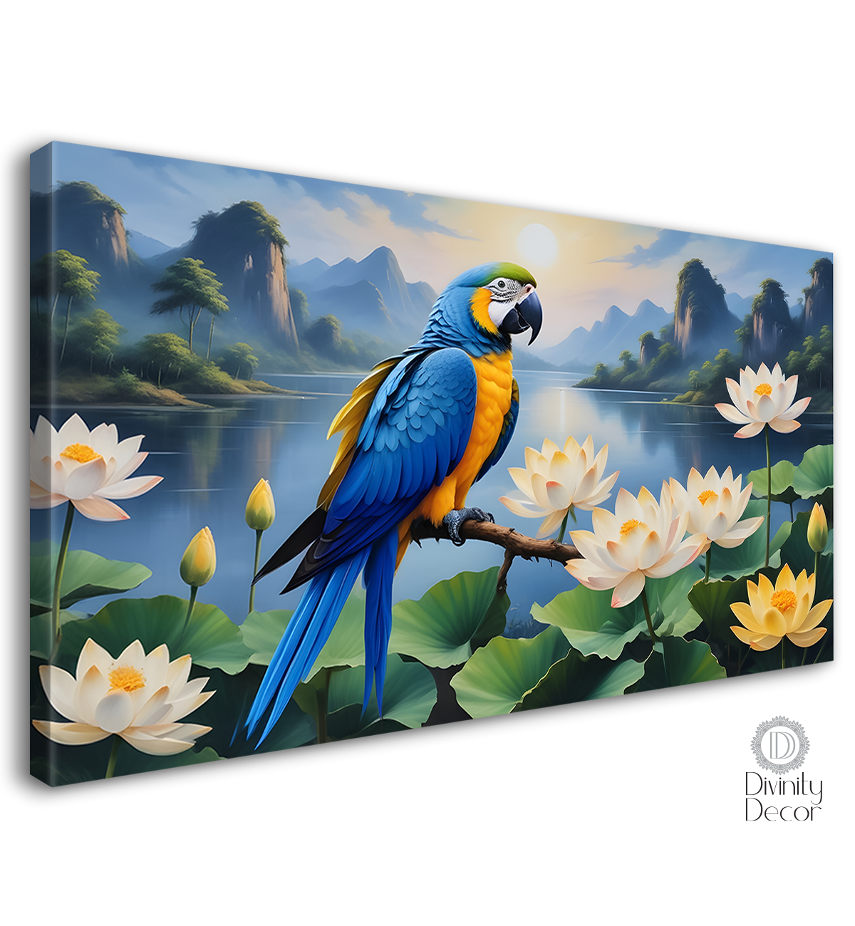 Parrot with white lotus and mountains in bright textured art. - Design - Animal - 69