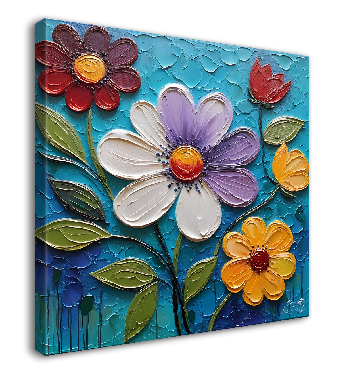 Colourful flowers in blue background textured painting  - Flower-S-6