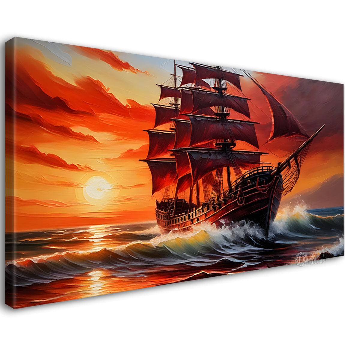 Ship with sunrise background in textured modern art canvas painting - Design - River-6