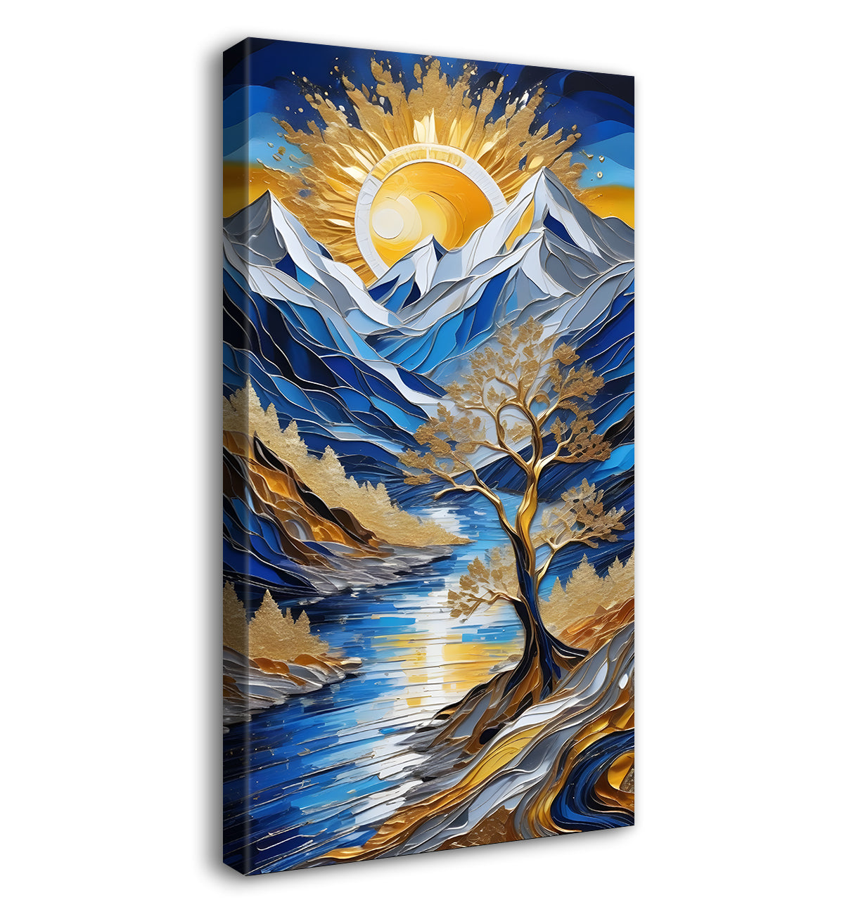 Blue mountains with golden trees and white moon textured natural art Canvas Painting - Nature Art -V-6