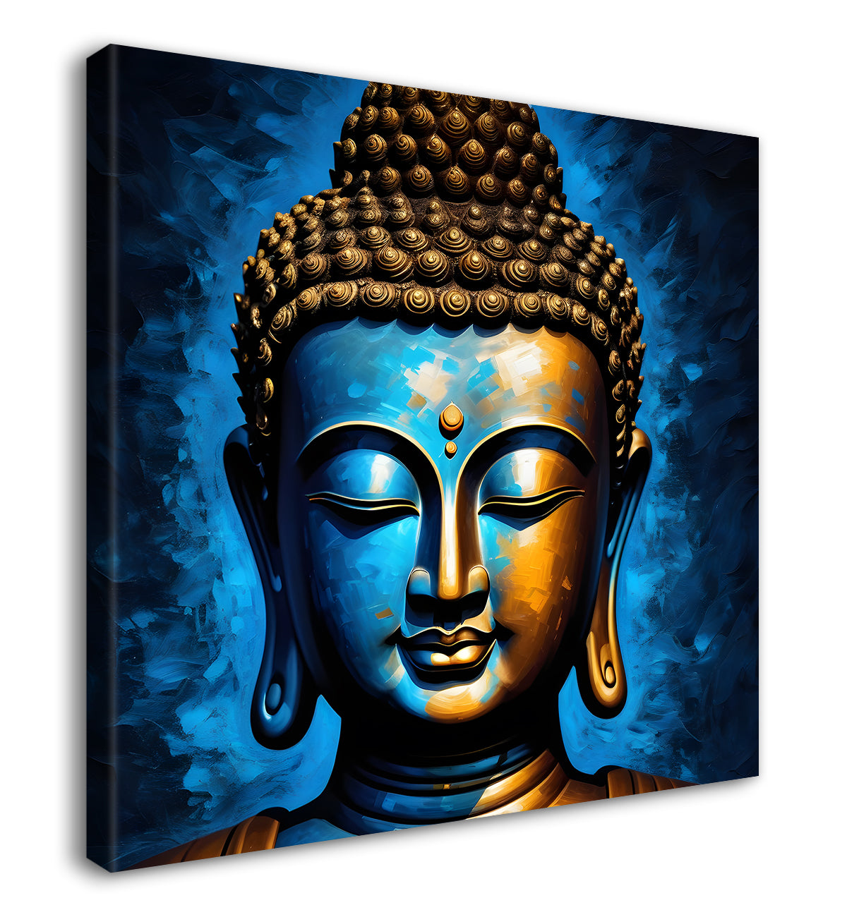 Golden buddha with blue background textured painting 24x24 inch Buddha-S-6