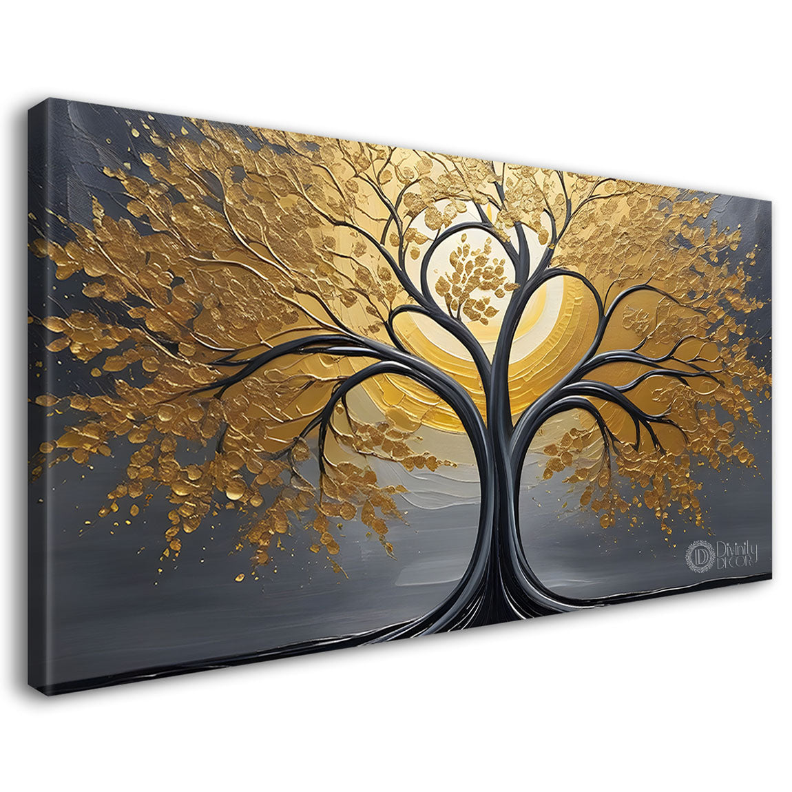 Golden tree in grey background textured modern art Canvas Painting - Design - Tree-6