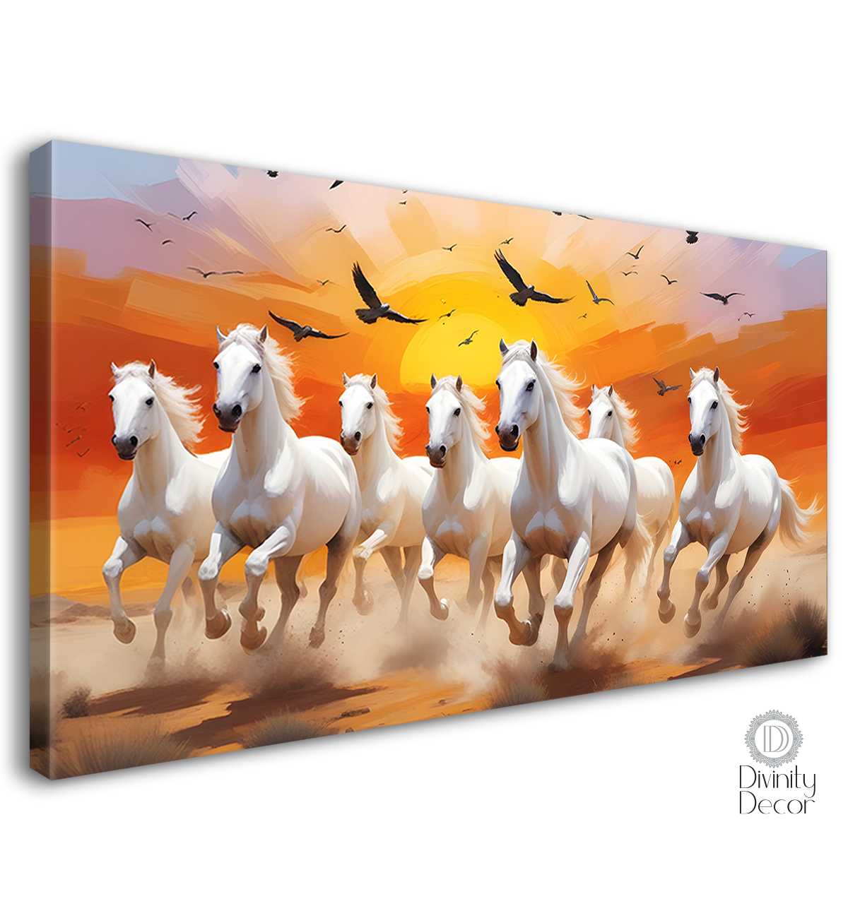 White horses running with flying eagle in sunset textured background art Canvas Painting - Design - Horse-7