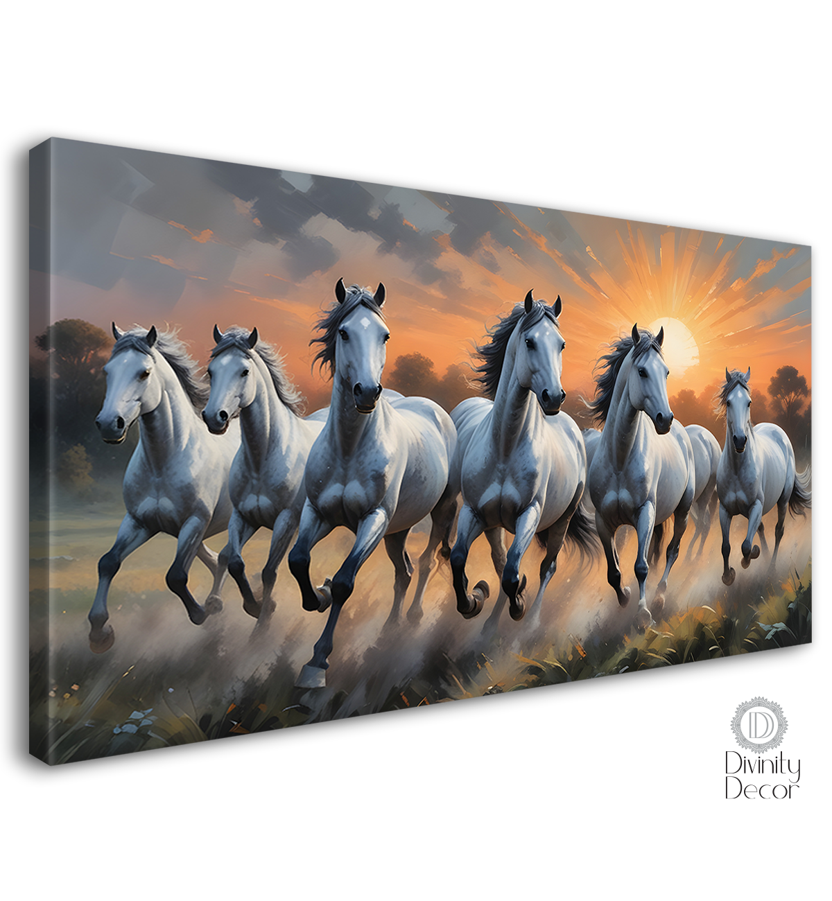 White running horses with cloudy and sunrise textured background art Canvas Painting - Design - Horse-70