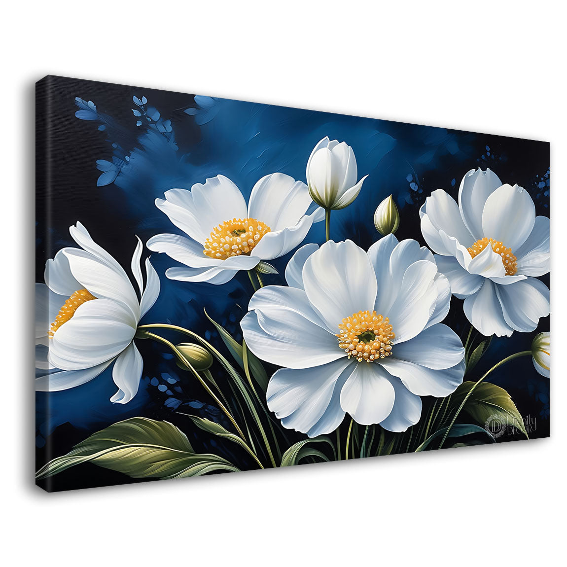 White flowers in navy blue background canvas painting- Flower-700