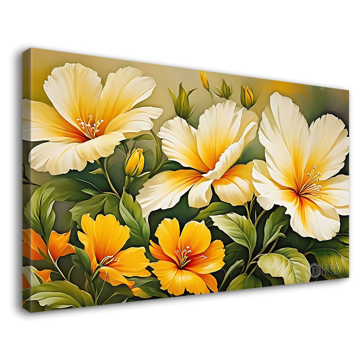 White and yellow flowers in light background canvas painting- Flower-701