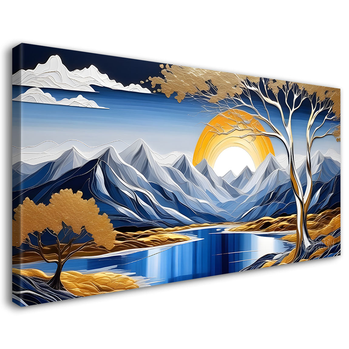 Mountains with moon and trees in golden painting Canvas Painting - Nature Art -702