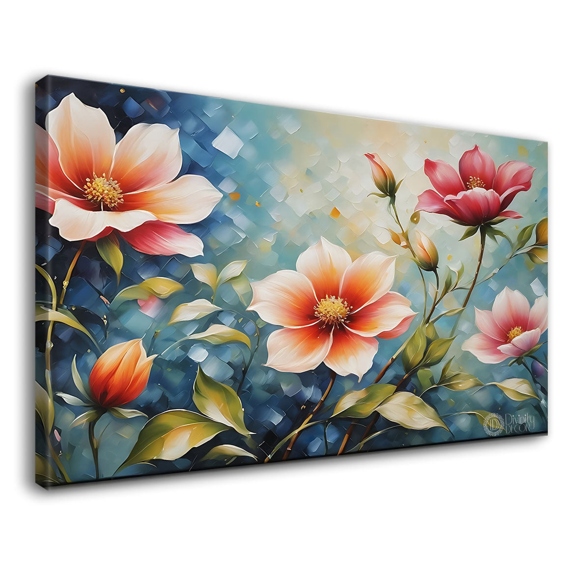 Orange flowers in sky blue background canvas painting- Flower-703