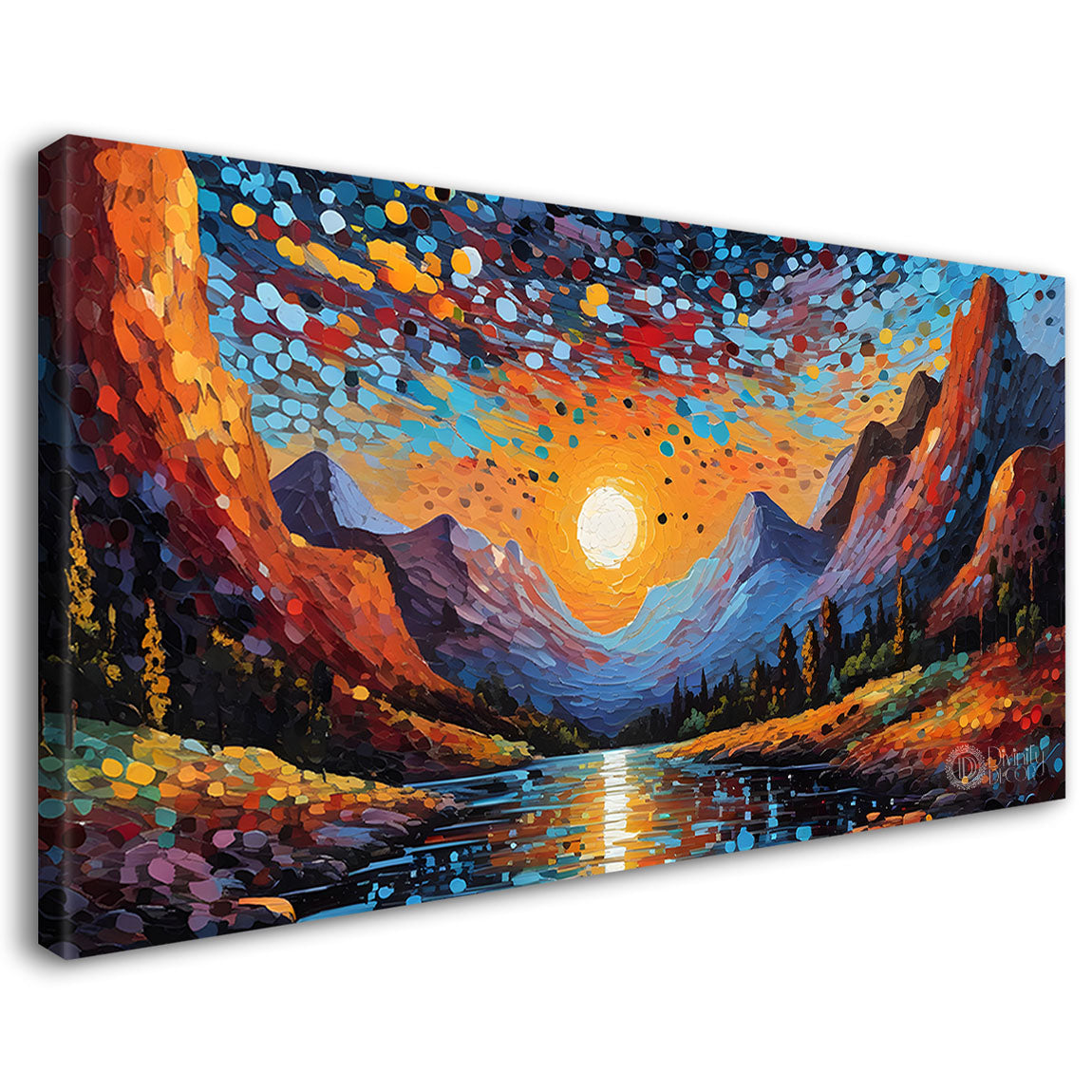 Mountains with sun with lake and stars painting Canvas Painting - Nature Art -703