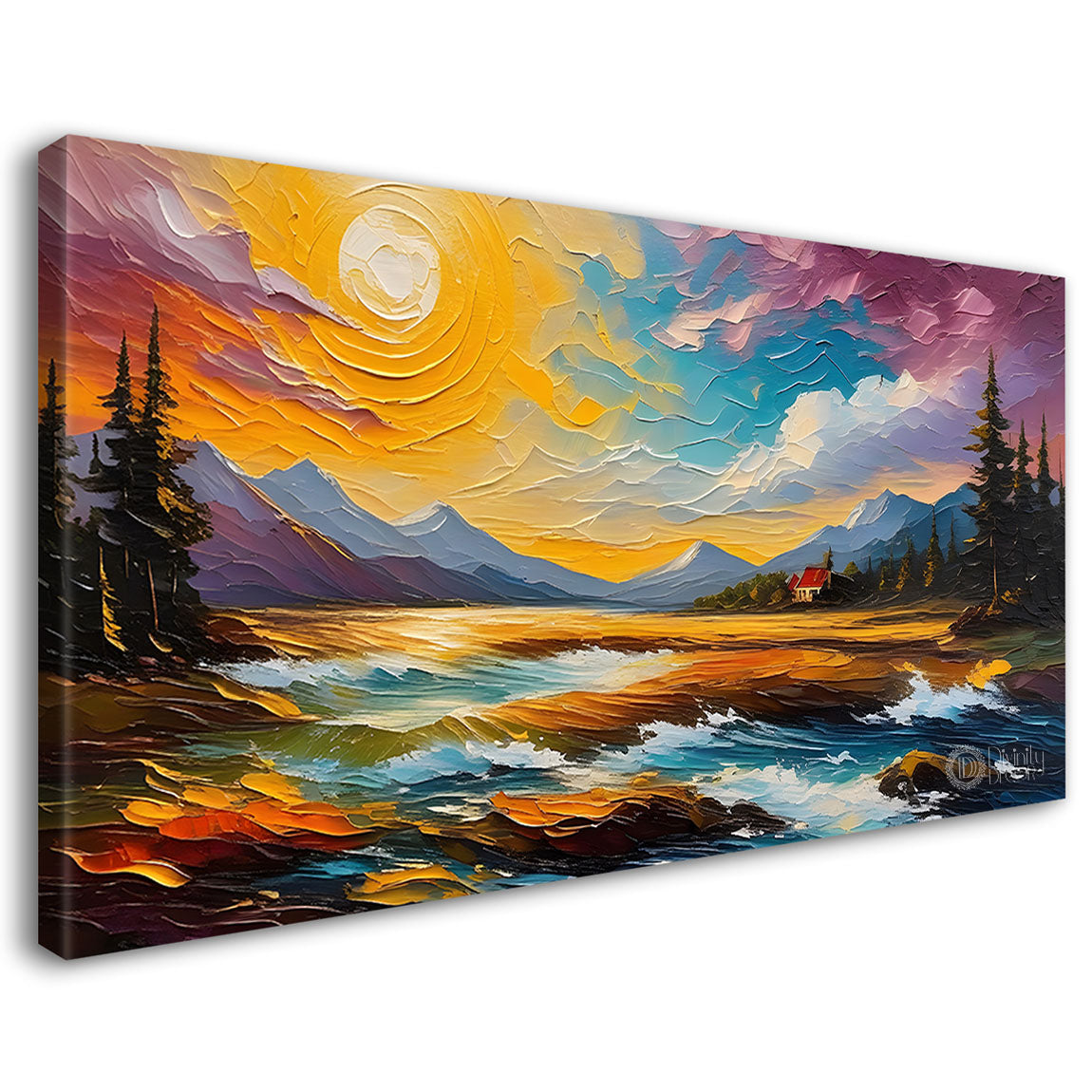 Mountains with lake in colorful sky painting Canvas Painting - Nature Art -707