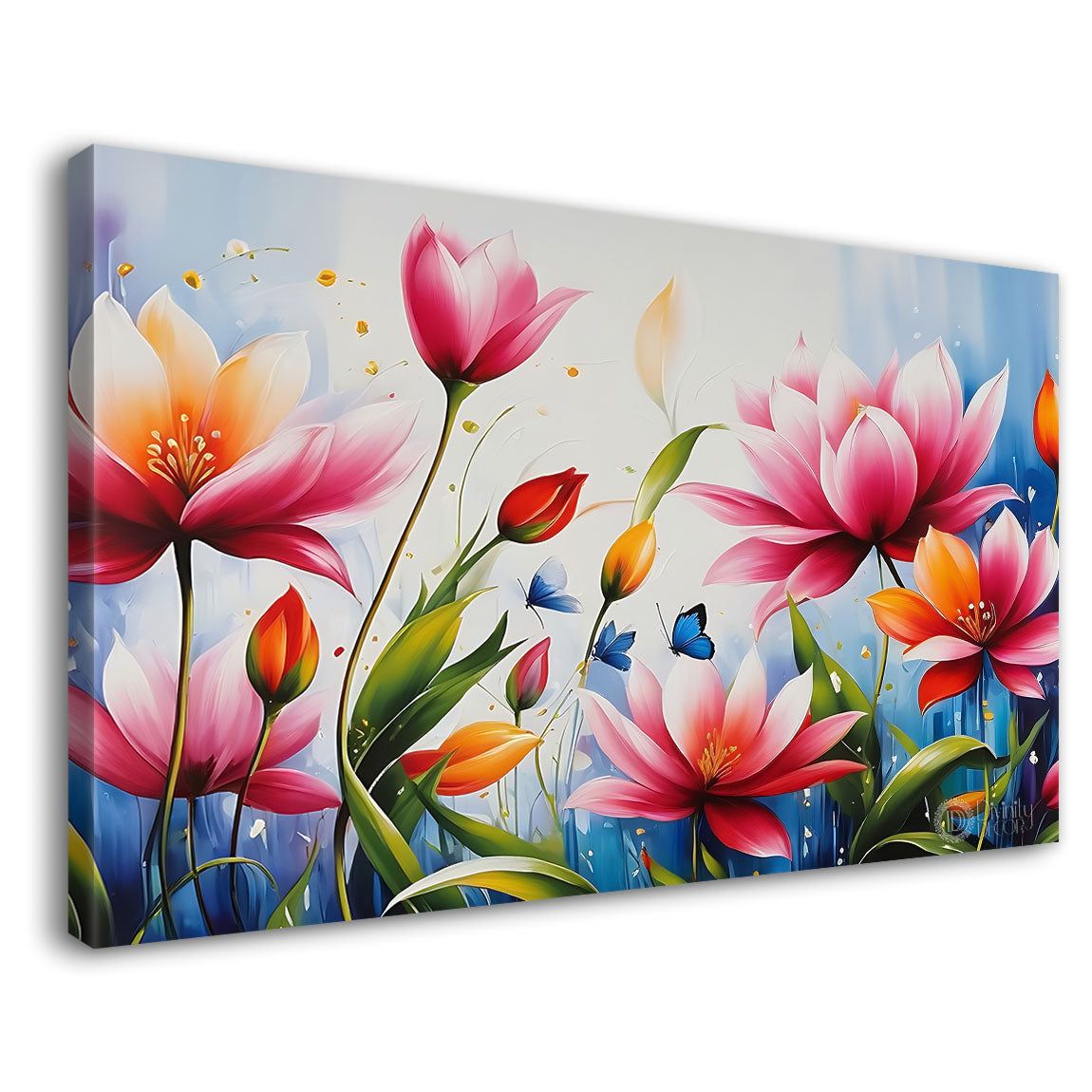 Pink flowers in sky blue background canvas painting- Flower-708