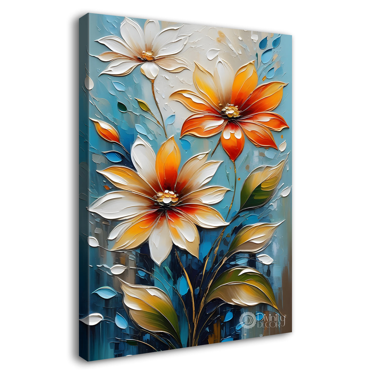 Orange flowers in blue textured background painting - Flower-V-70