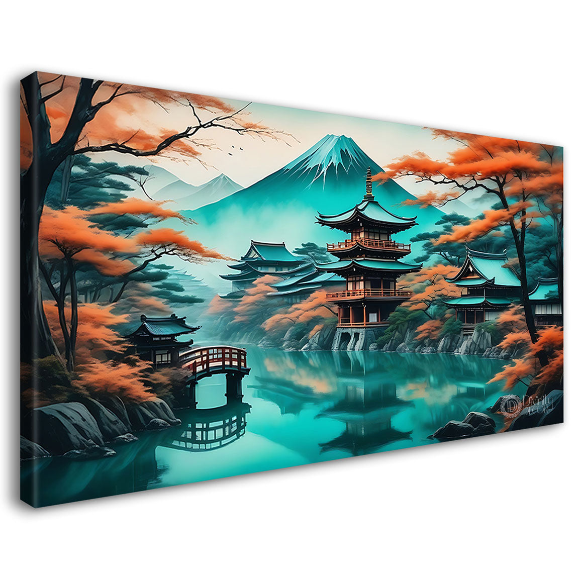 Mountains with Japanese style houses and lake in textured natural art Canvas Painting - Nature Art -70