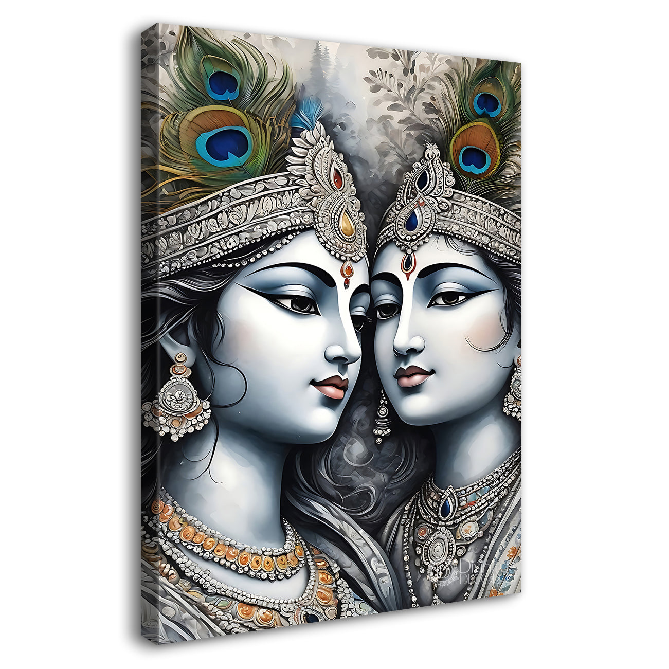 Krishna with radha in grey and light brown water colour textured art Canvas Painting - Design - Krishna-V-70