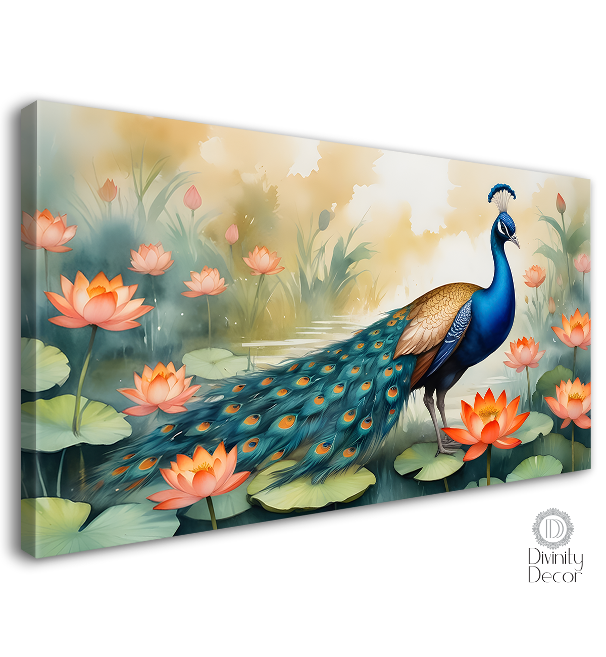 Peacock with orange lotus in fog background textured art. - Design - Animal -70