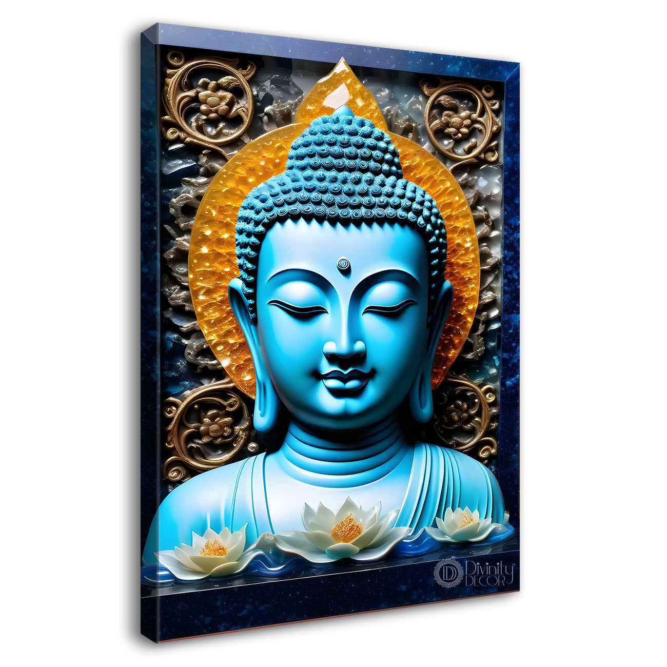 Sky blue buddha with yellow chakra background painting - Buddha-V-70