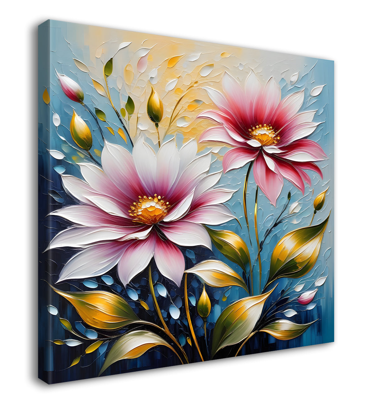 Pink flowers in blue background textured painting   - Flower-S-70