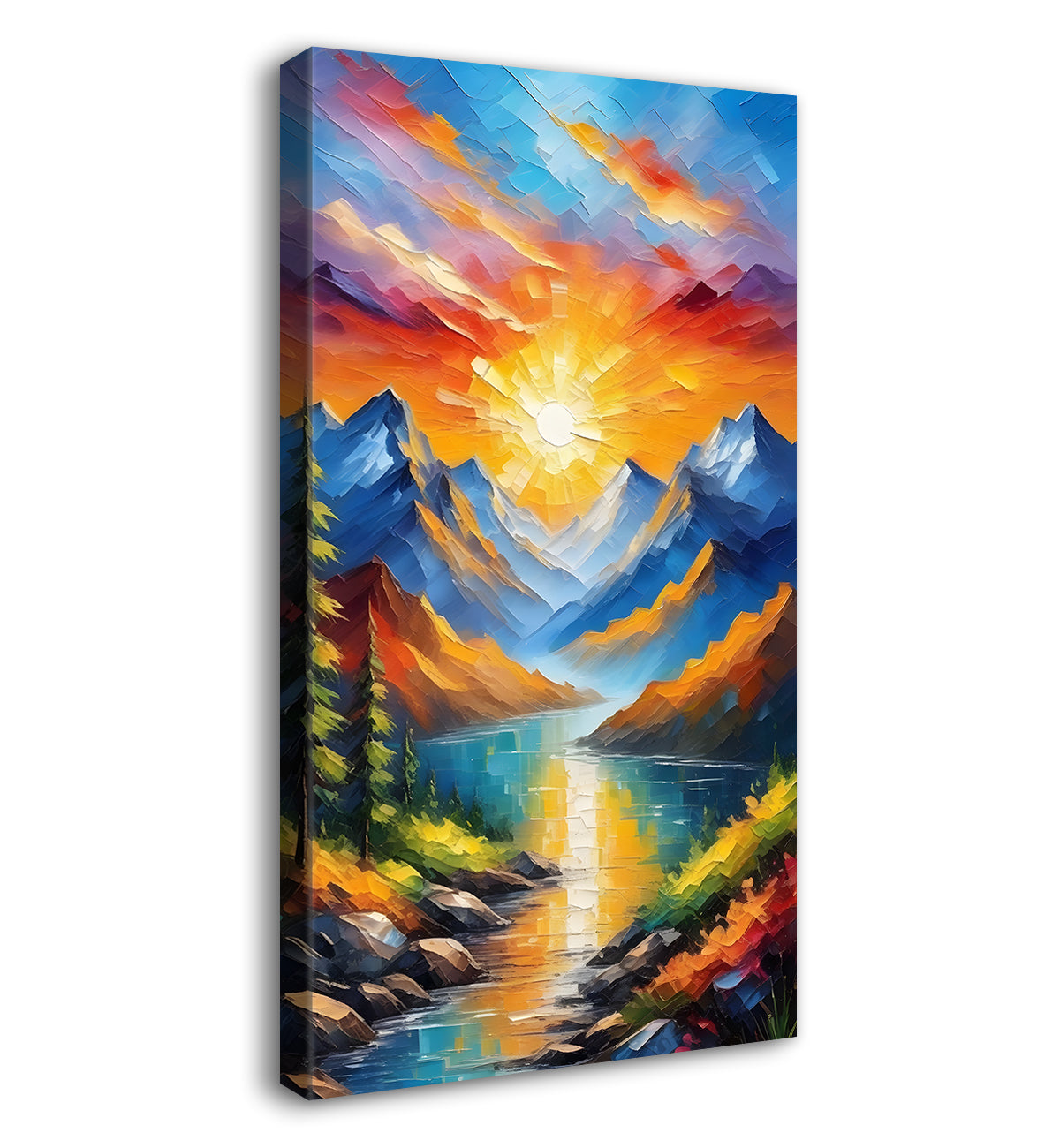 Mountians with lake and sunrise background textured painting Canvas Painting - Nature Art -V-70
