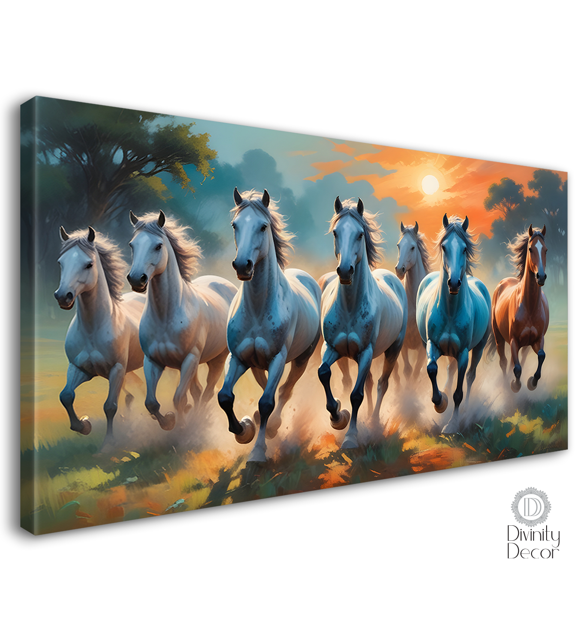 White and brown running horses on the grass with trees and sunrise textured background art Canvas Painting - Design - Horse-71