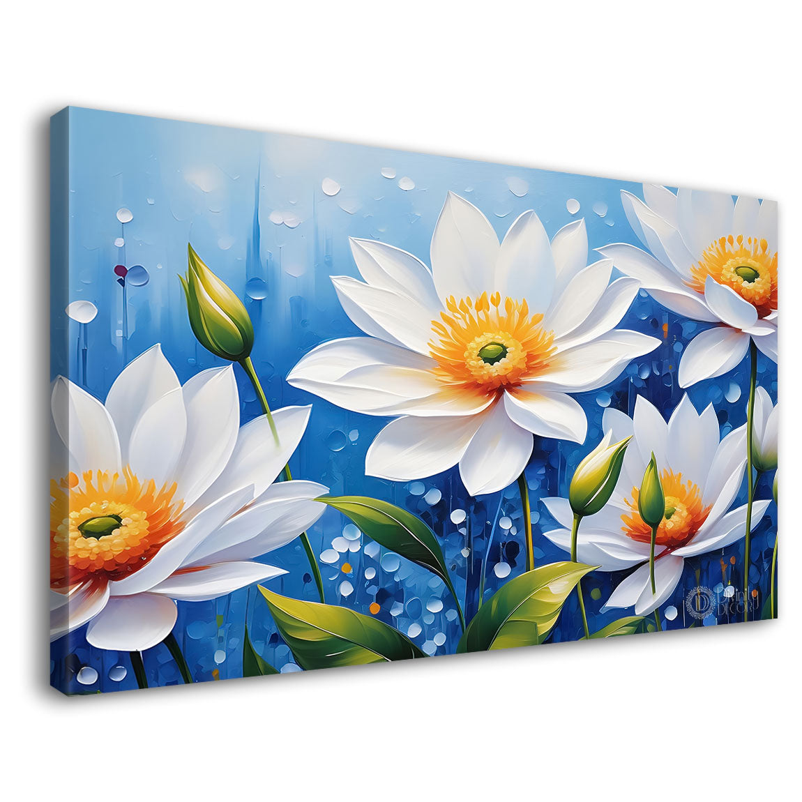 White flowers in sky blue background canvas painting- Flower-712