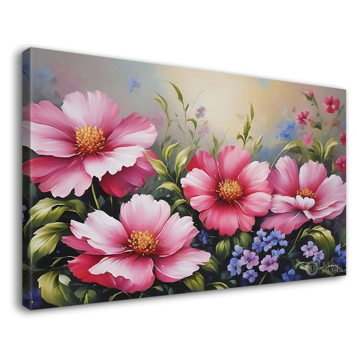 Pink flowers in grey background canvas painting- Flower-713