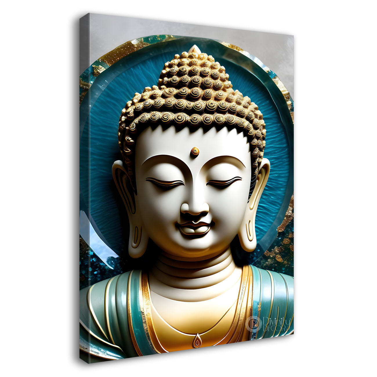 White buddha face with blue chakra background painting - Buddha-V-71