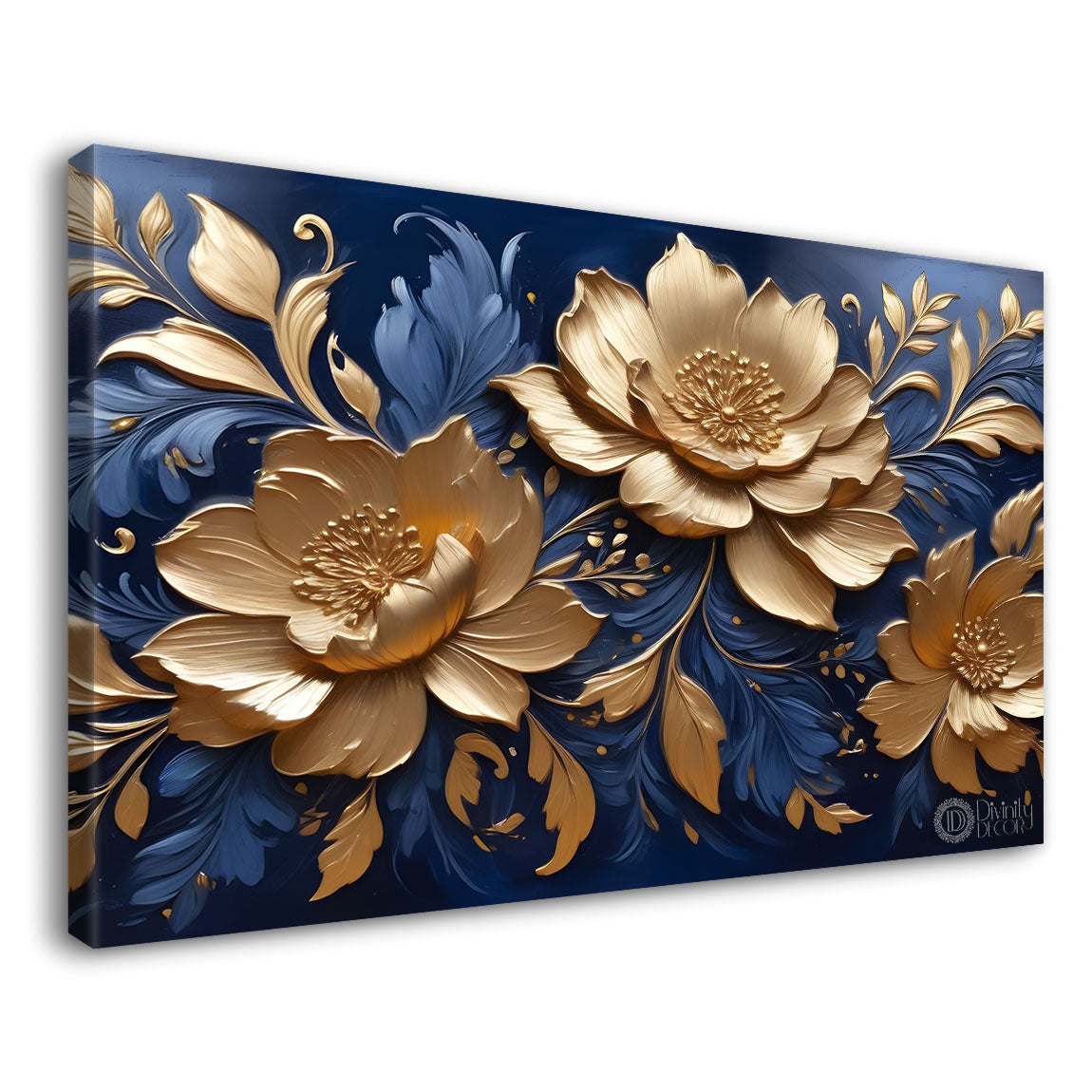 Golden flowers with blue textured background painting- Design - Flower-71