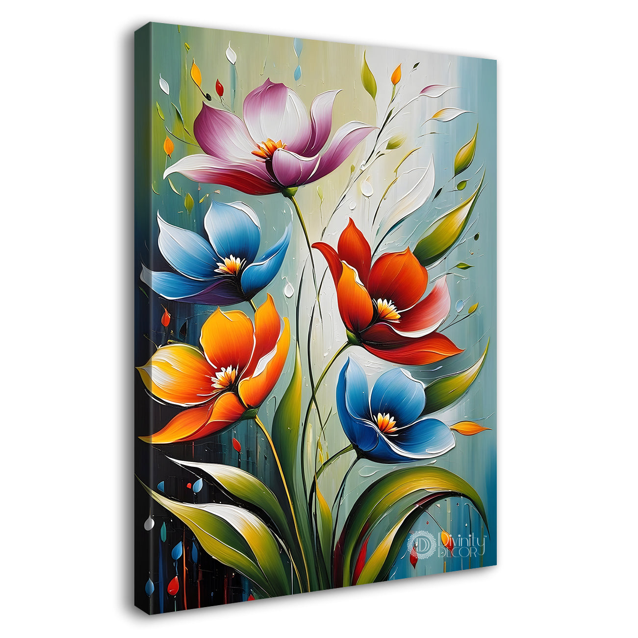 Colourful flowers in grey textured background painting - Flower-V-71