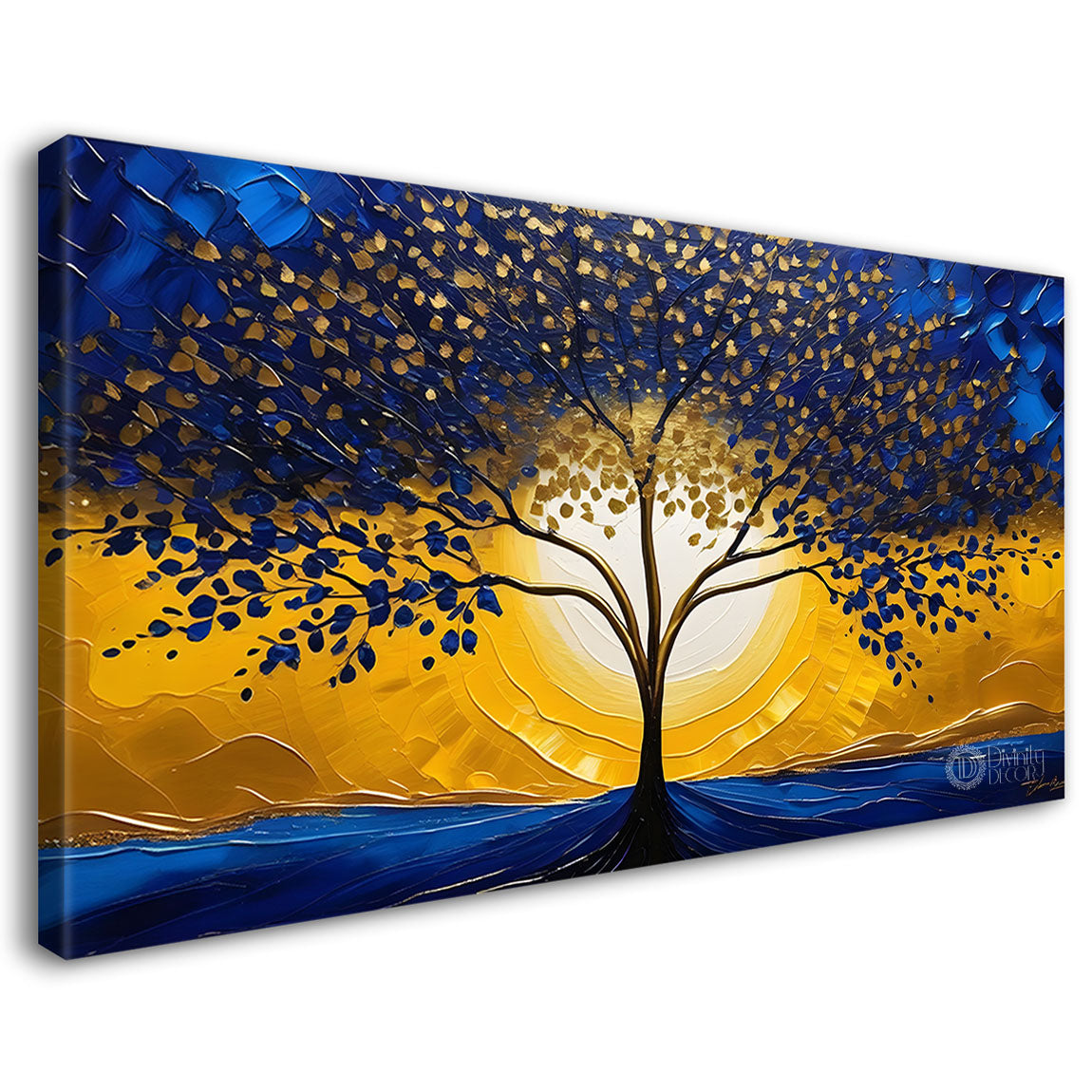 Golden tree in dark blue textured background modern art Canvas Painting - Design - Tree-71