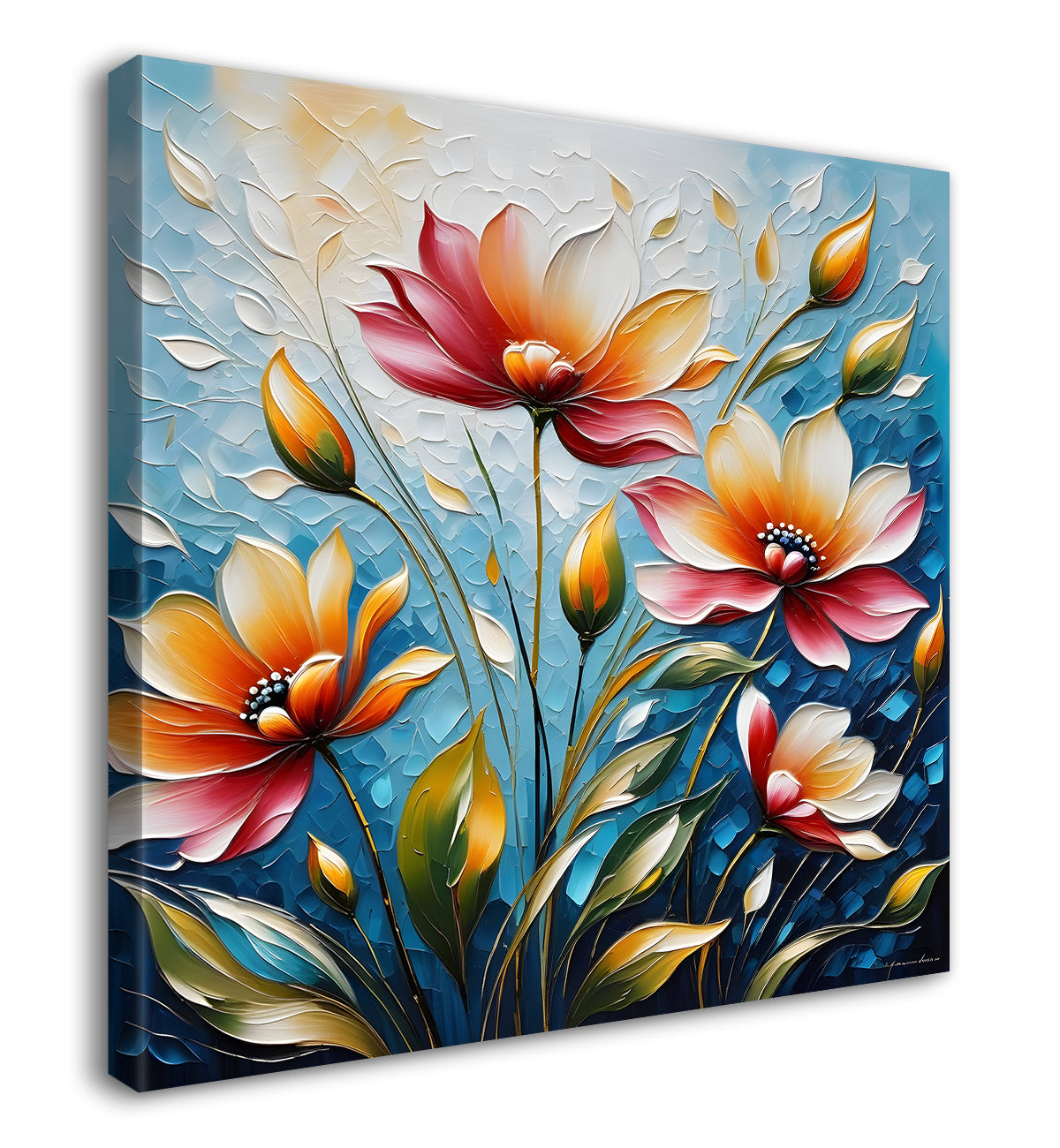 Peach flowers in blue background textured painting - Flower-S-71