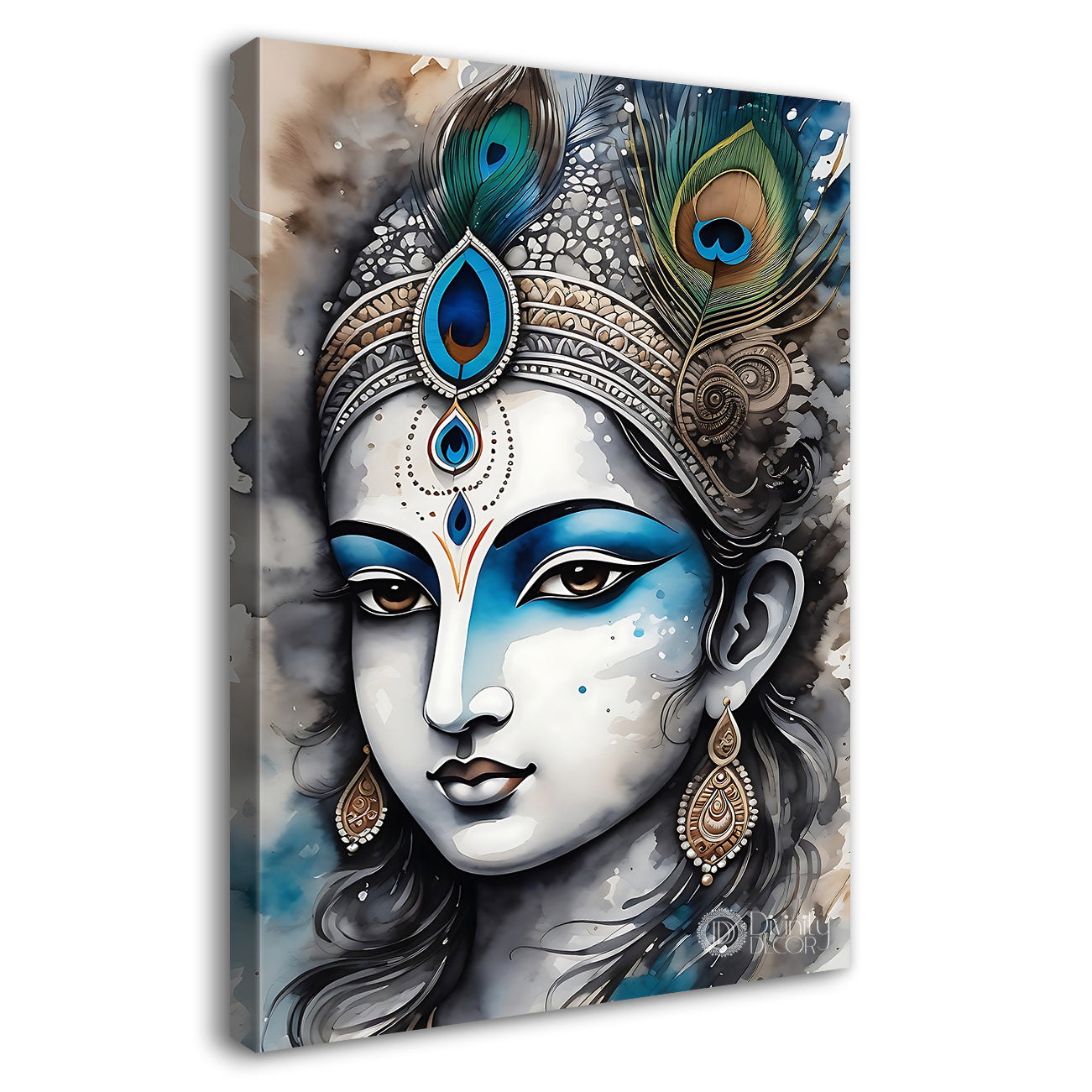 Blue face of krishna in grey and light brown water colour textured art Canvas Painting - Design - Krishna-V-71