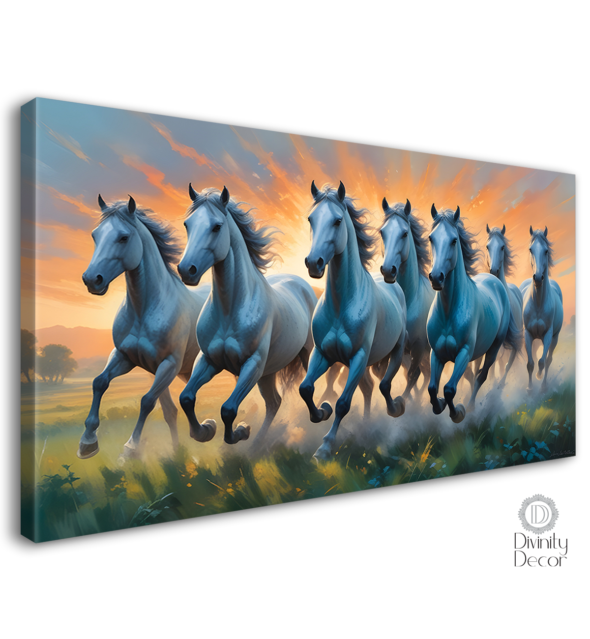 White running horses on the grass with yellow sky textured background art Canvas Painting - Design - Horse-72