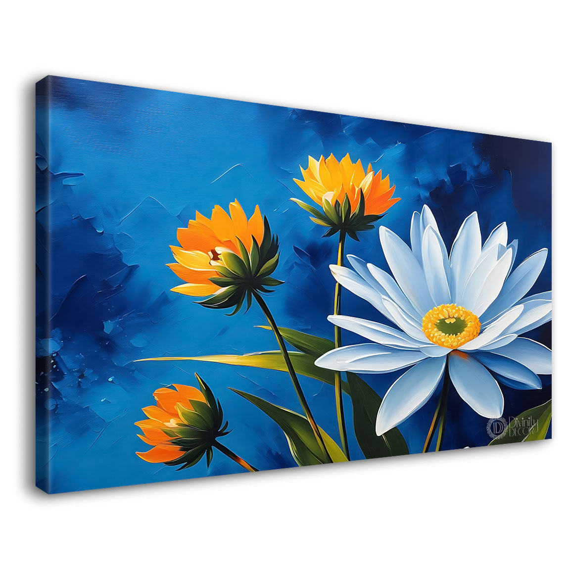 White flowers in navy blue background canvas painting- Flower-722