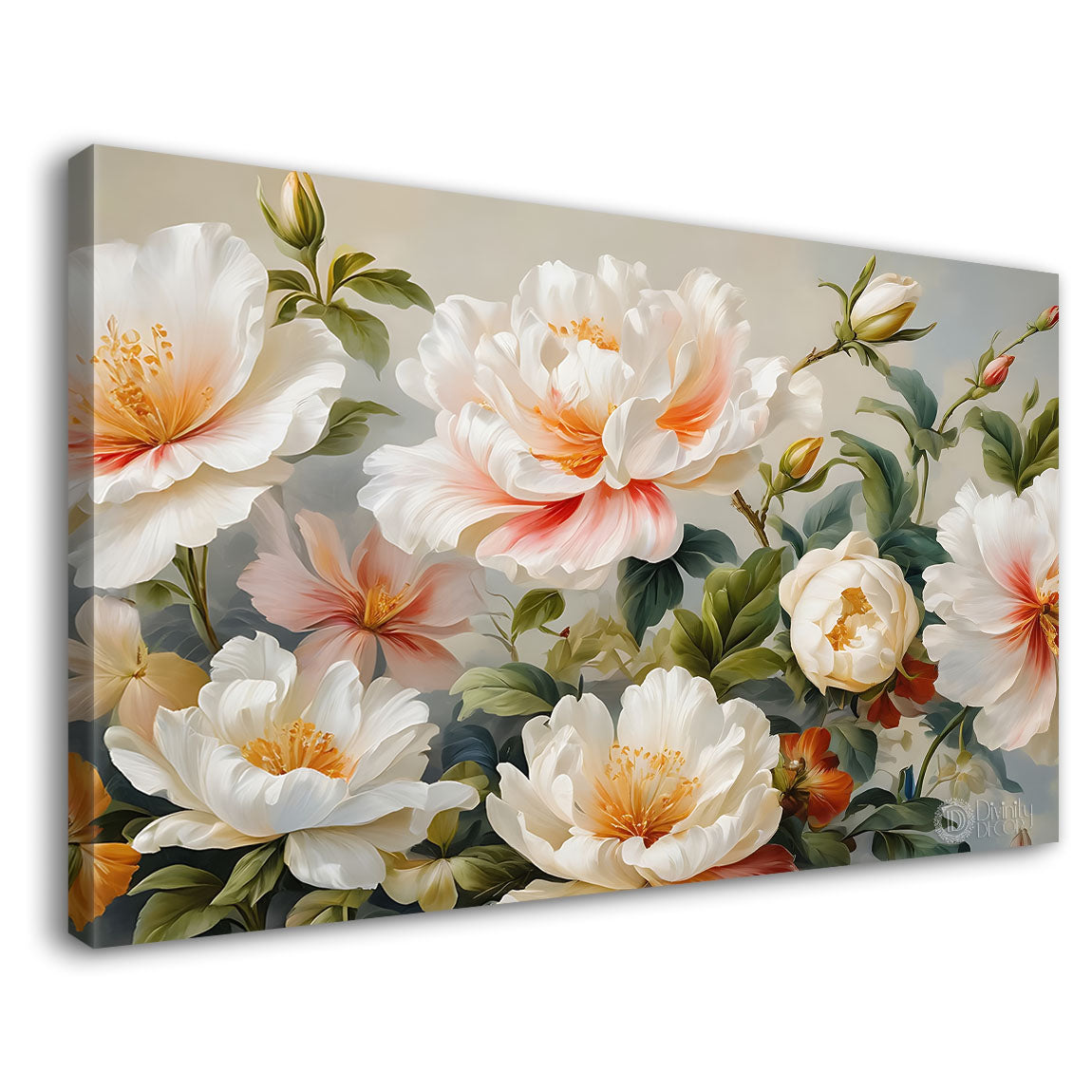 White flowers in grey background canvas painting- Flower-724