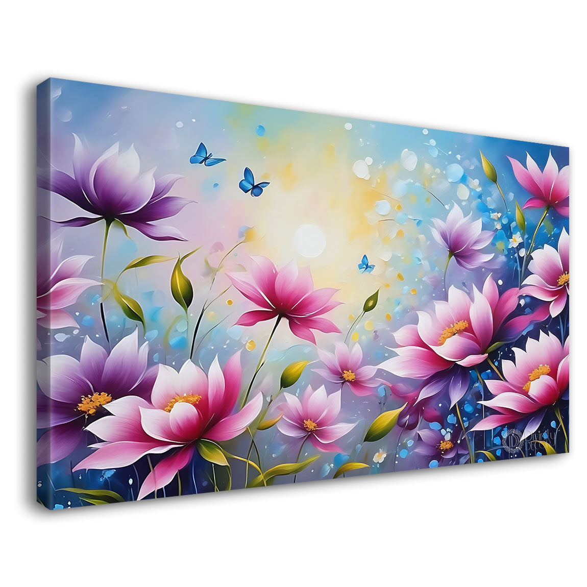 Pink flowers in sky blue background canvas painting- Flower-726