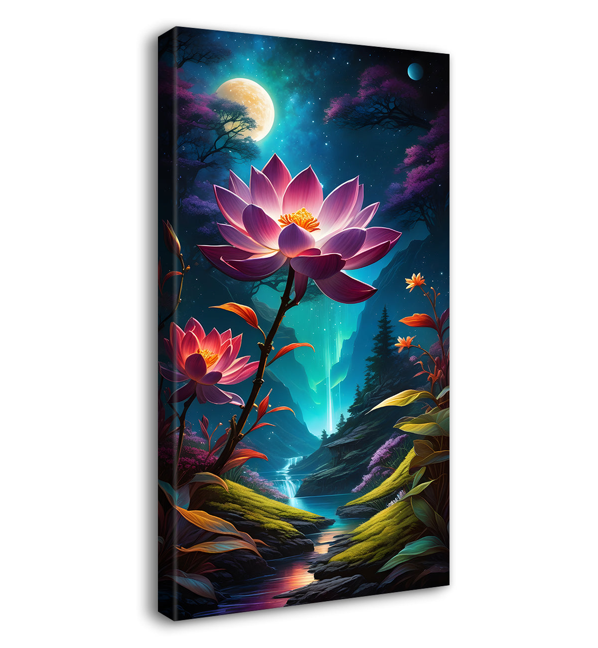 Lotus with mountians and night night background with moon textured painting Canvas Painting - Nature Art -V-72