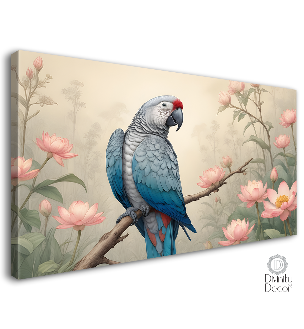 Parrot on a branch with lotus in fog background textured art. - Design - Animal - 72