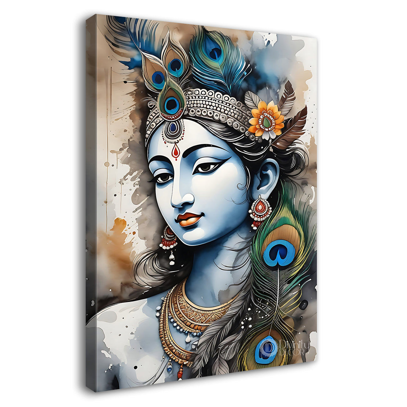 Blue face of krishna in grey and light brown water colour textured art Canvas Painting - Design - Krishna-V-72