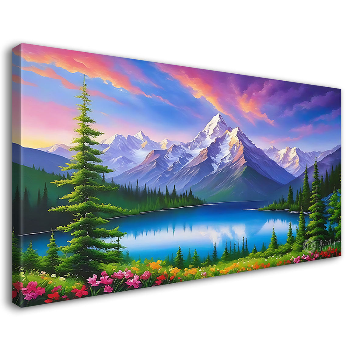 Mountains with river and trees in purple textured natural art Canvas Painting - Nature Art -72