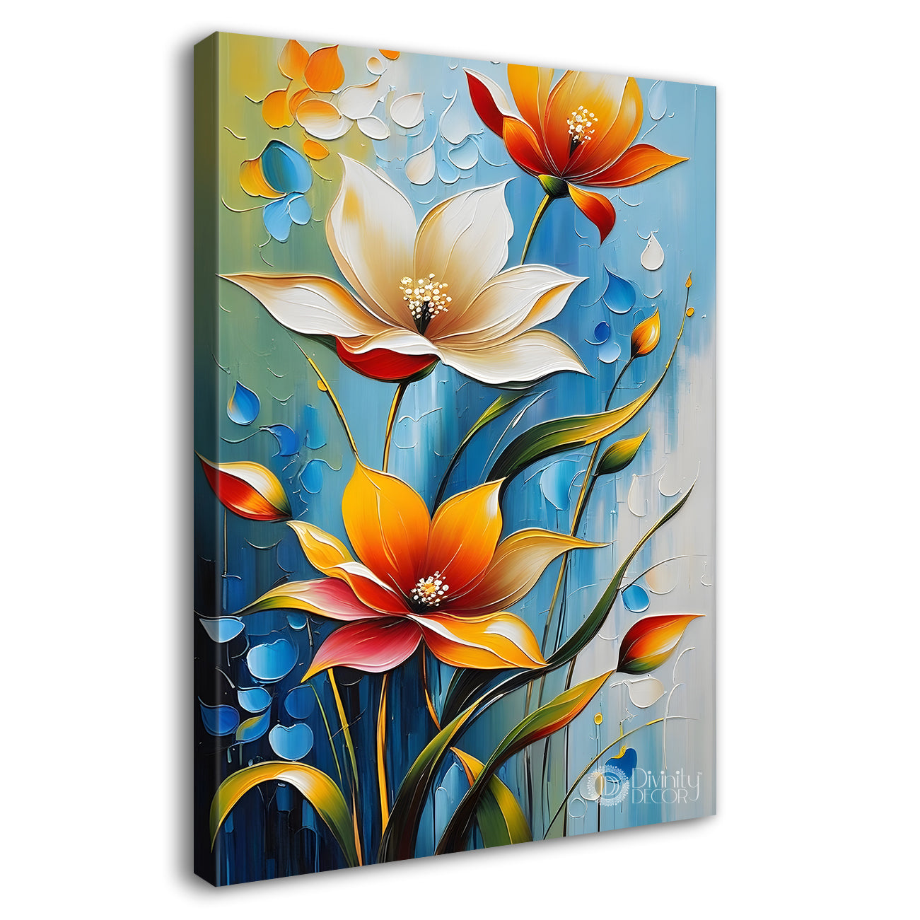Orange and white flowers in blue textured background painting - Flower-V-72