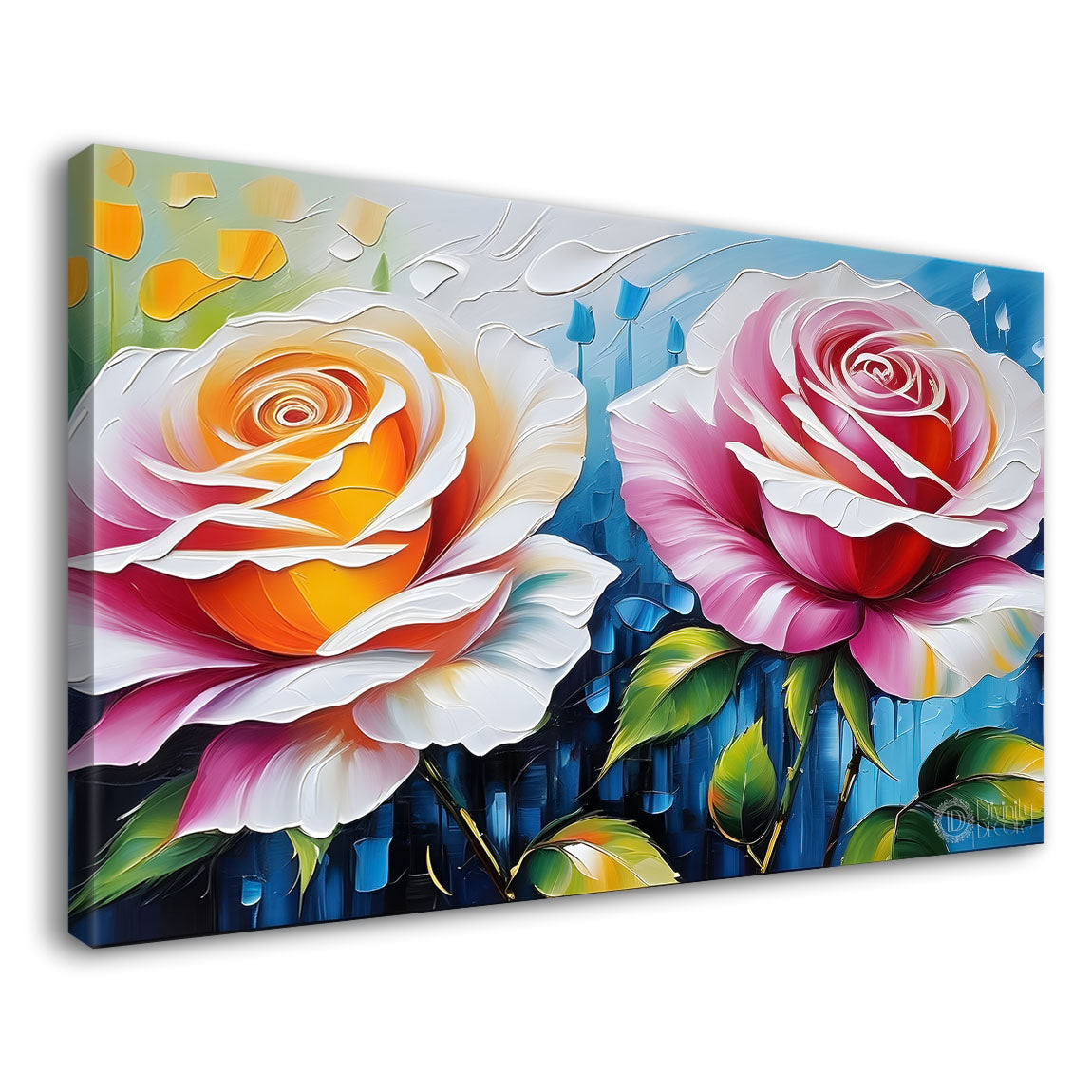 Pink flower with blue textured background painting- Design - Flower-72