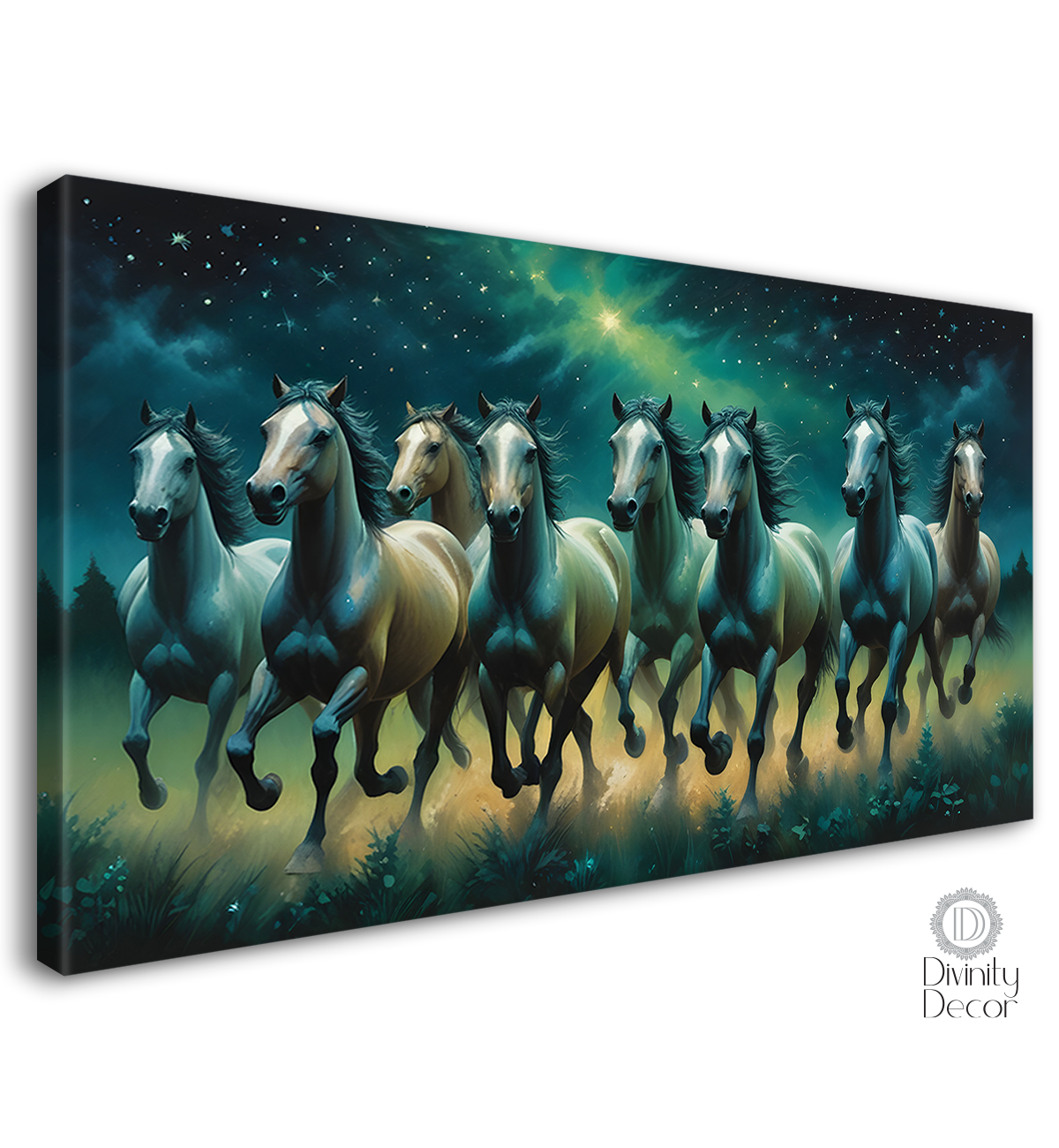 Running horses on the grass with stars and black sky textured background art Canvas Painting - Design - Horse-73